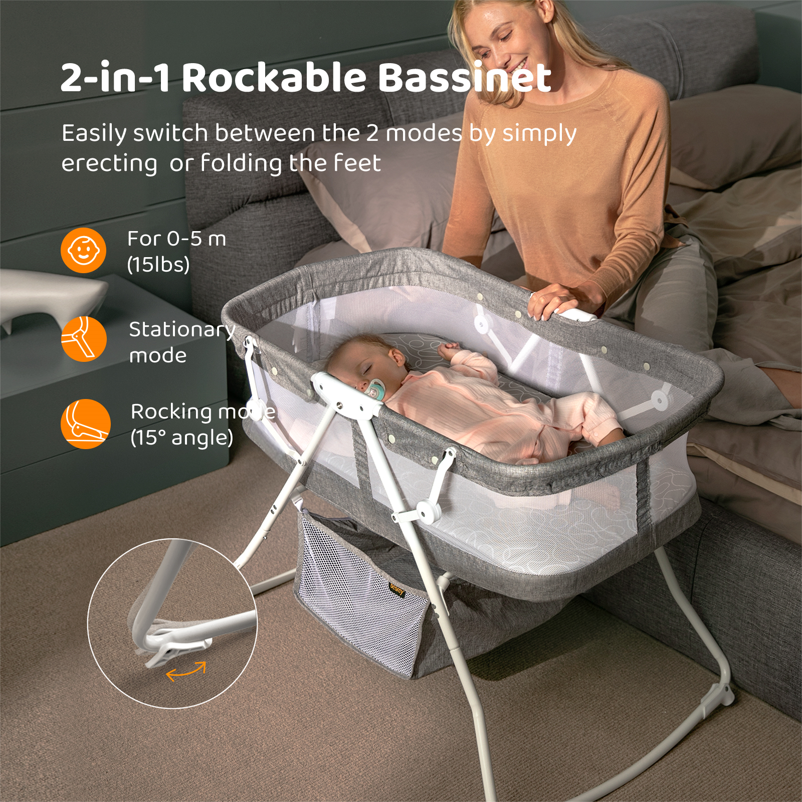 WhizKidz 3-in-1 Portable Baby Bassinet Cradle Easy Folding